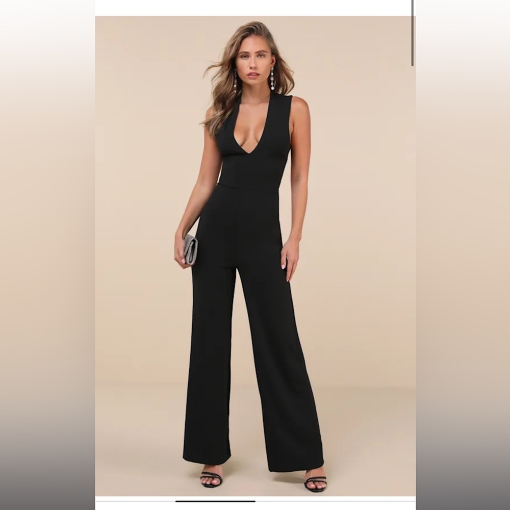 Lulu's Black Plunging V-Neck Jumpsuit with Wide-Leg Pants